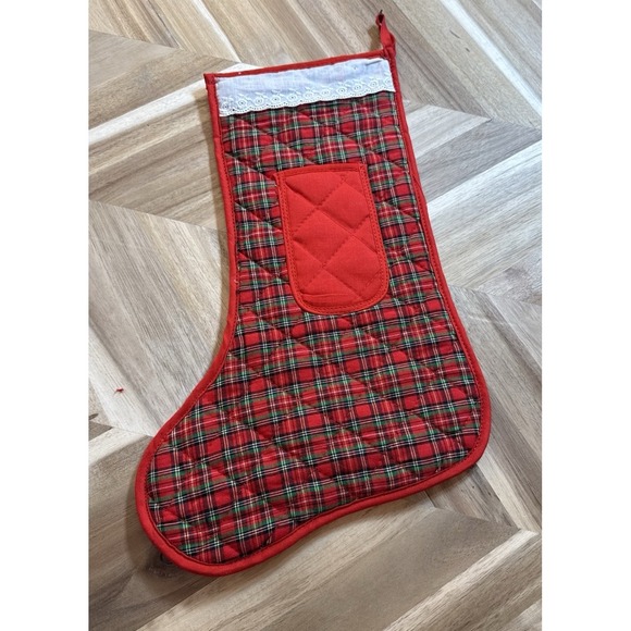 Other - Vintage Quilted Stocking Plaid Lacey Cuff Pocket Grandma Cottage Core Scandi 14"